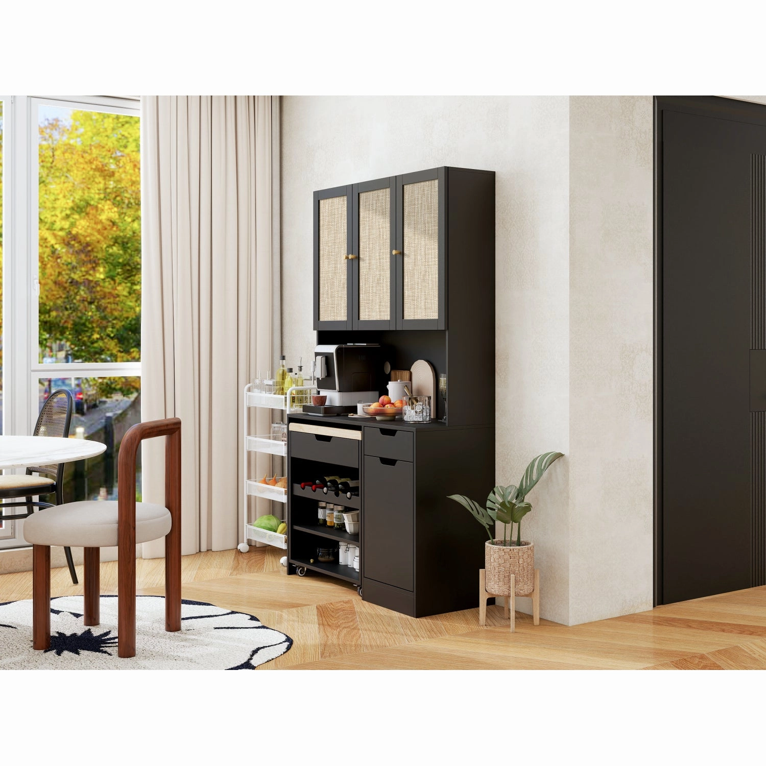 Streamdale Black Kitchen Pantry Cabinet w/ Rattan Doors & Microwave Stand