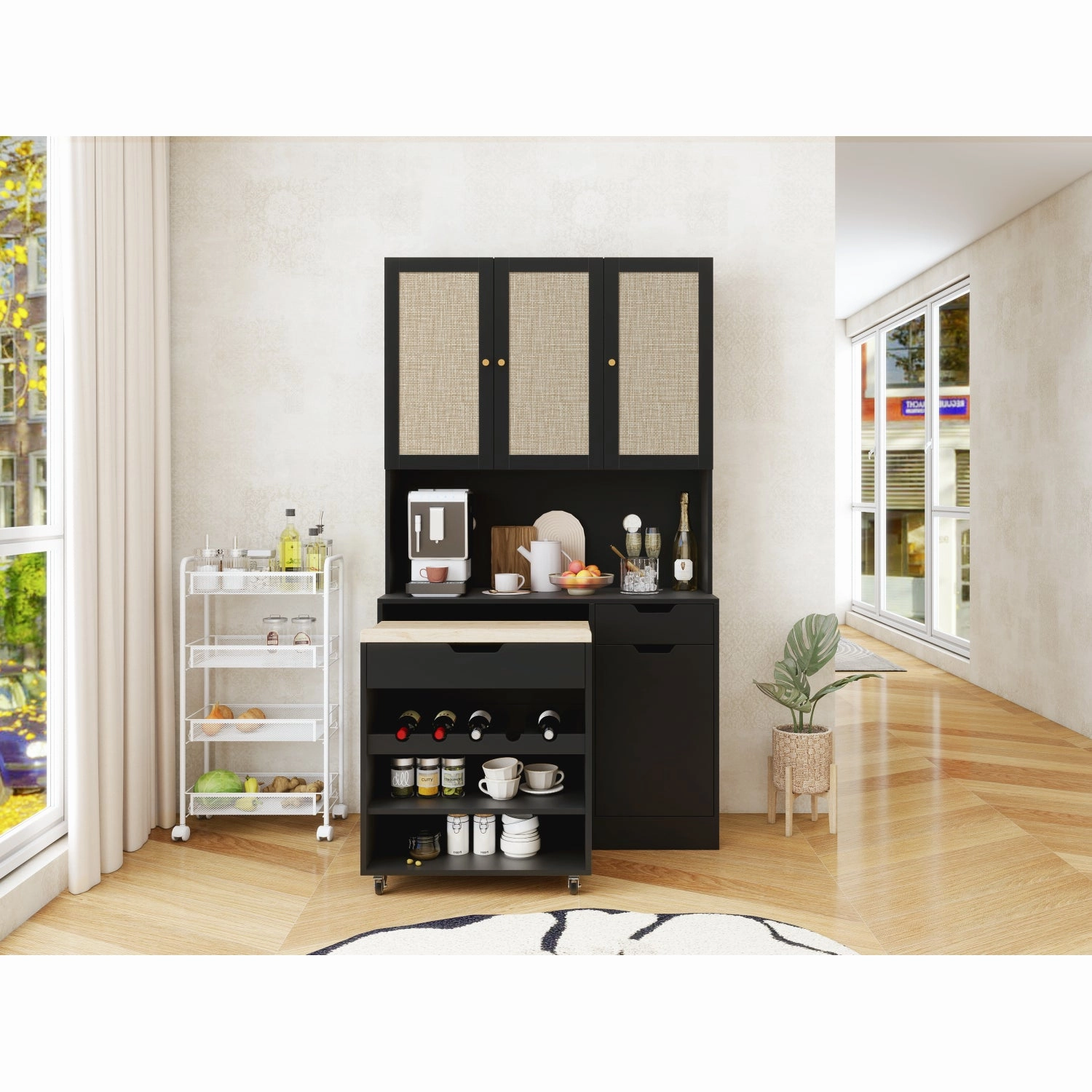 Streamdale Black Kitchen Pantry Cabinet w/ Rattan Doors & Microwave Stand