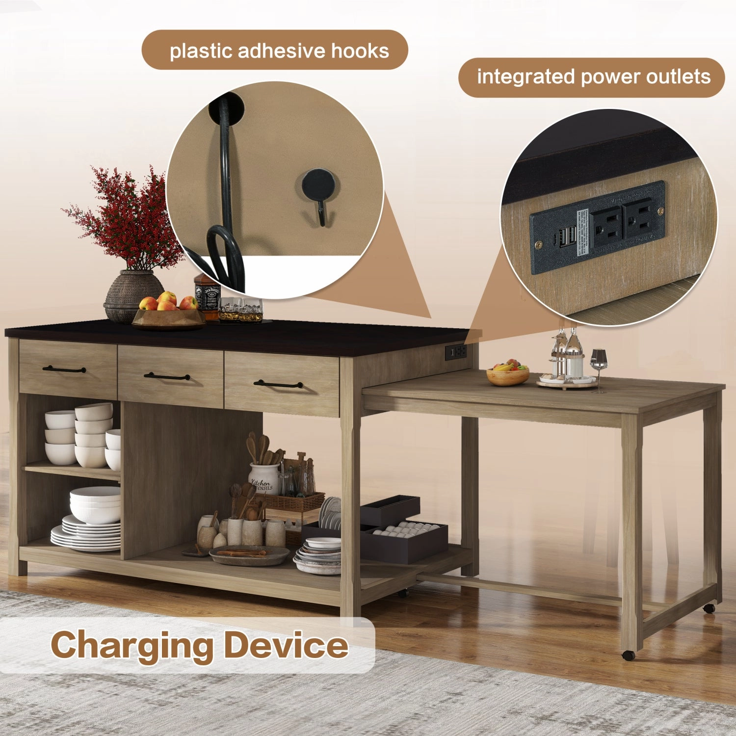 Streamdale Extendable Kitchen Island Cart w/ Power Outlets