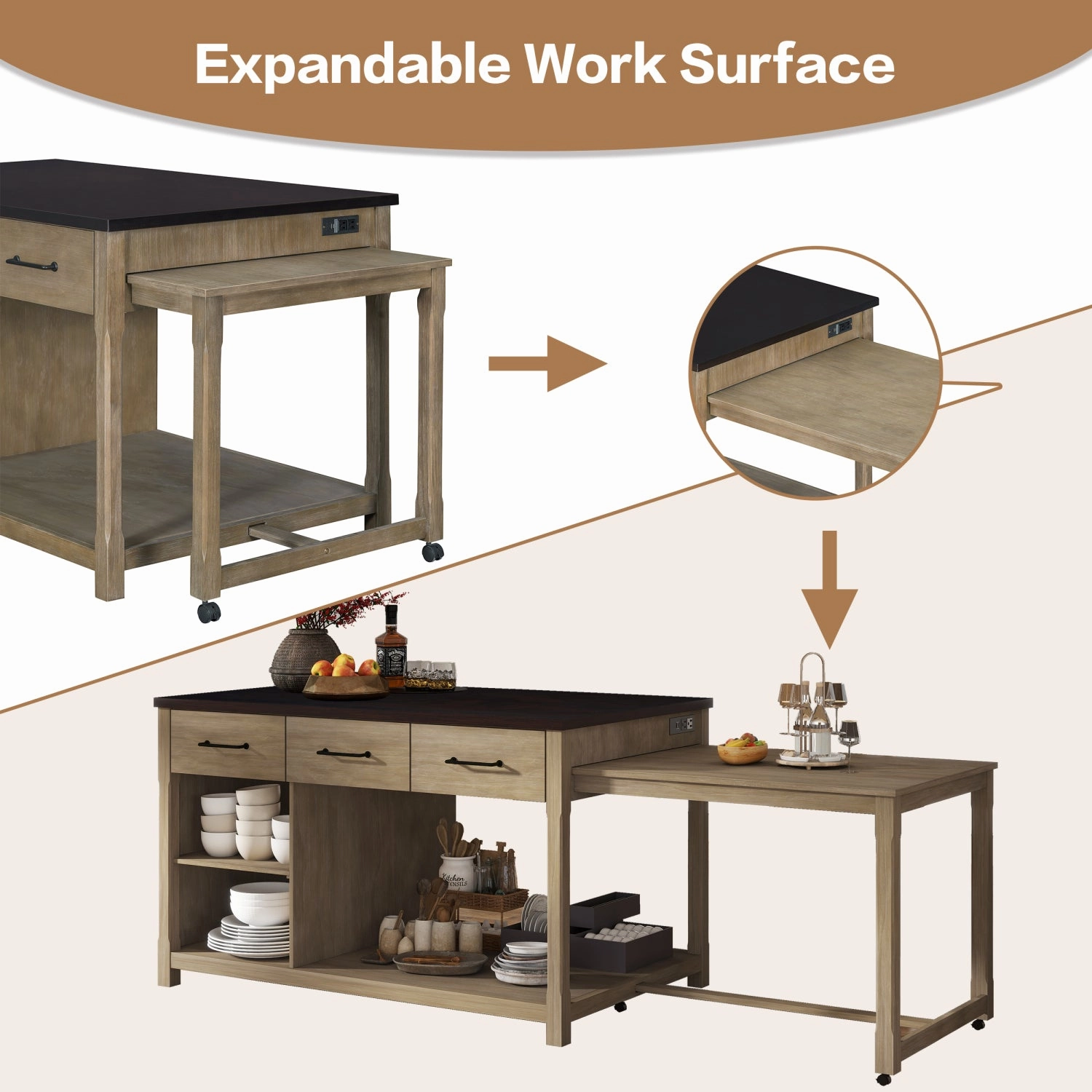 Streamdale Extendable Kitchen Island Cart w/ Power Outlets