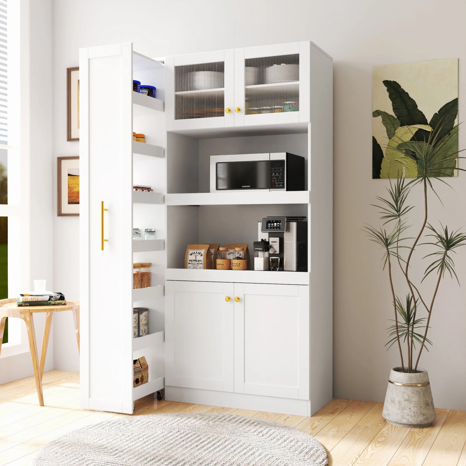 Streamdale Farmhouse Pantry Cabinet, Pull-Out Shelves, 4 Doors - White