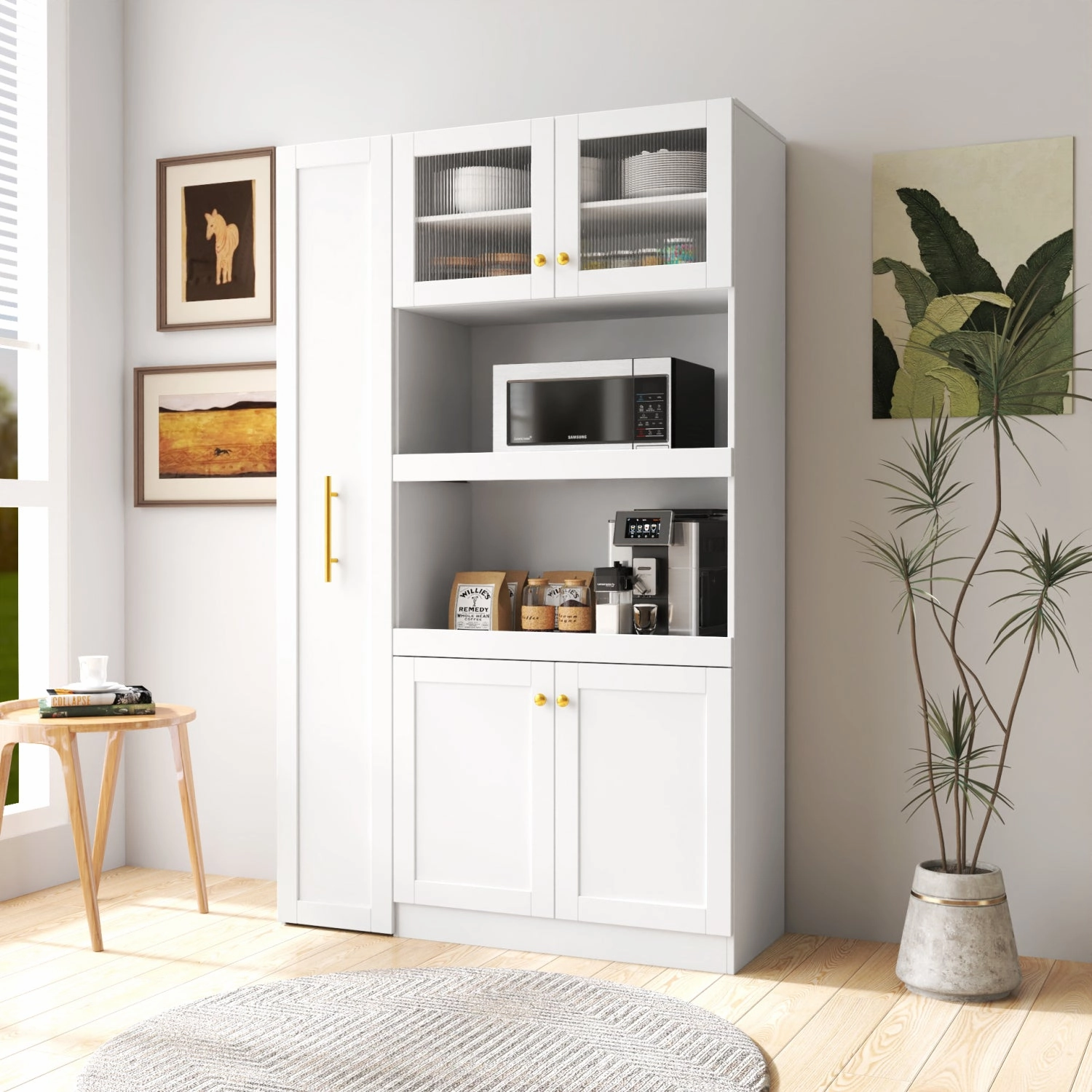 Streamdale Farmhouse Pantry Cabinet, Pull-Out Shelves, 4 Doors - White