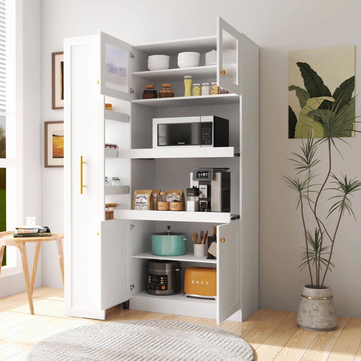 Streamdale Farmhouse Pantry Cabinet, Pull-Out Shelves, 4 Doors - White