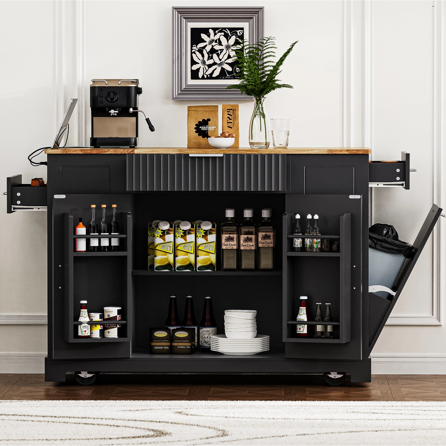 Streamdale Fluted Kitchen Island Cart: Trash Storage, Power, Drawers