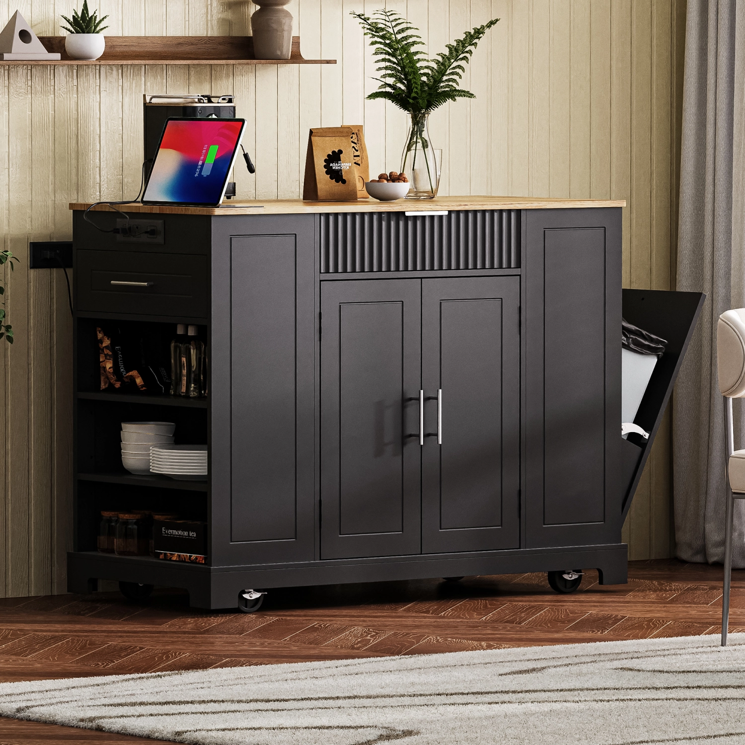Streamdale Fluted Kitchen Island Cart: Trash Storage, Power, Drawers