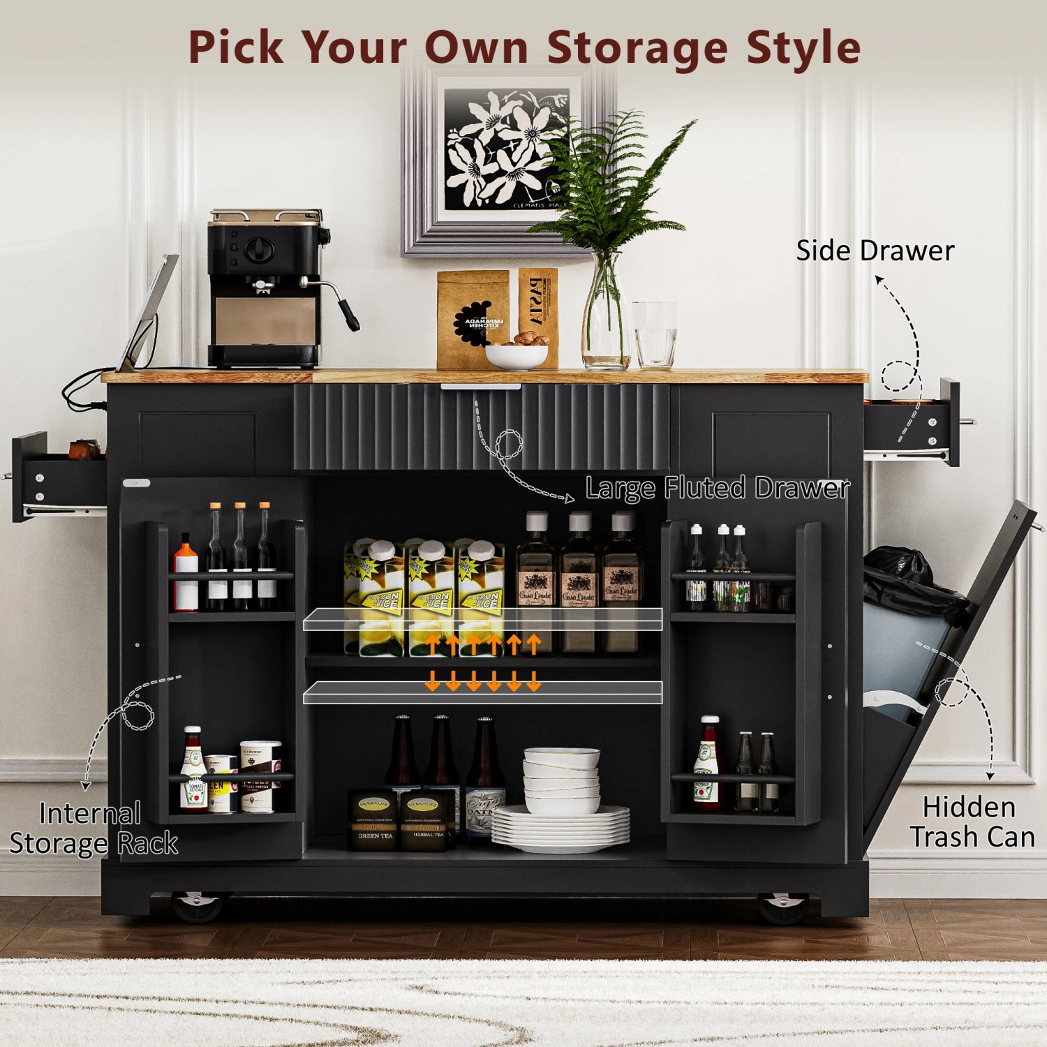 Streamdale Fluted Kitchen Island Cart: Trash Storage, Power, Drawers