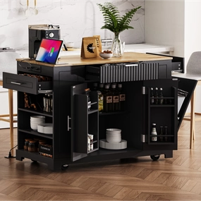 Streamdale Fluted Kitchen Island Cart: Trash Storage, Power, Drawers