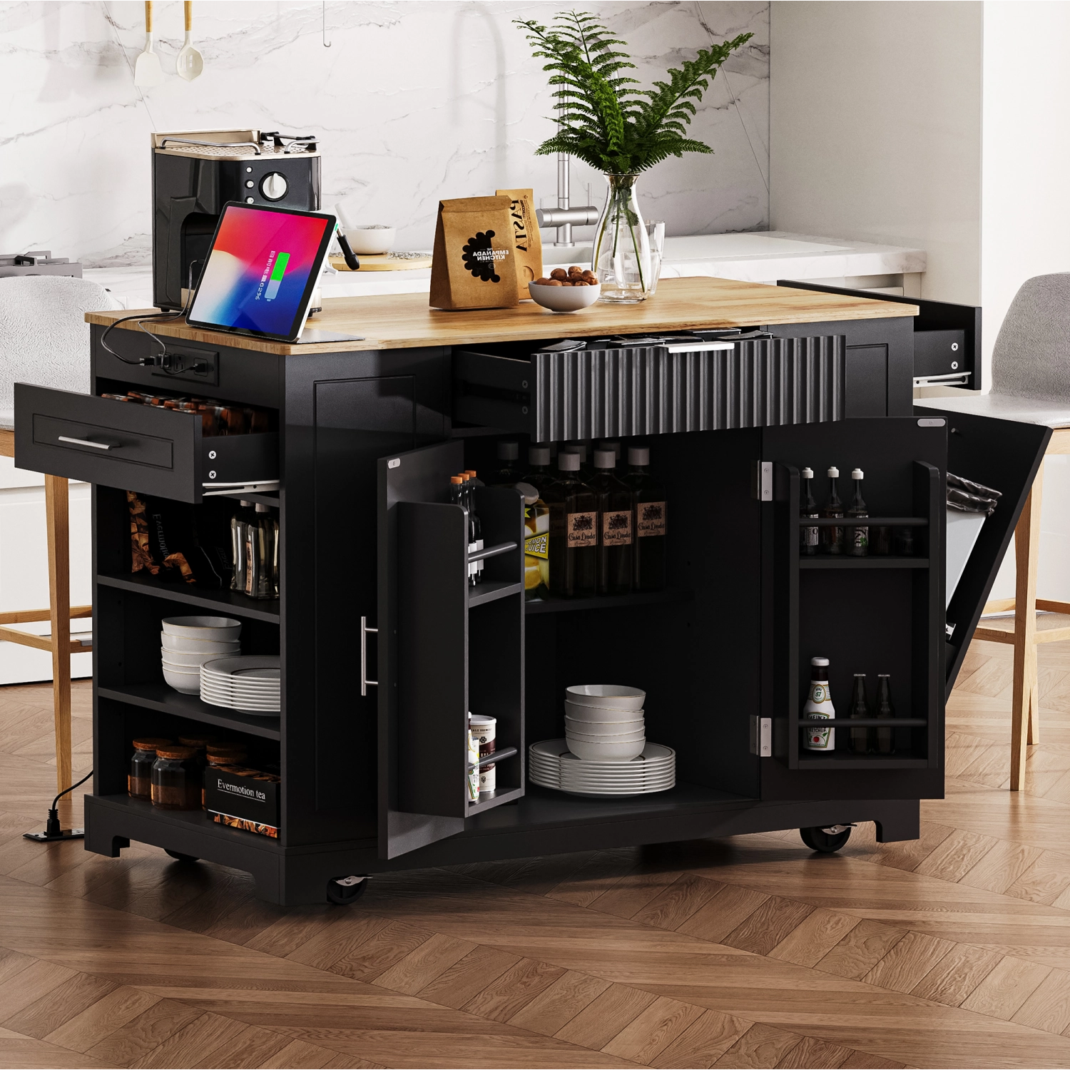 Streamdale Fluted Kitchen Island Cart: Trash Storage, Power, Drawers