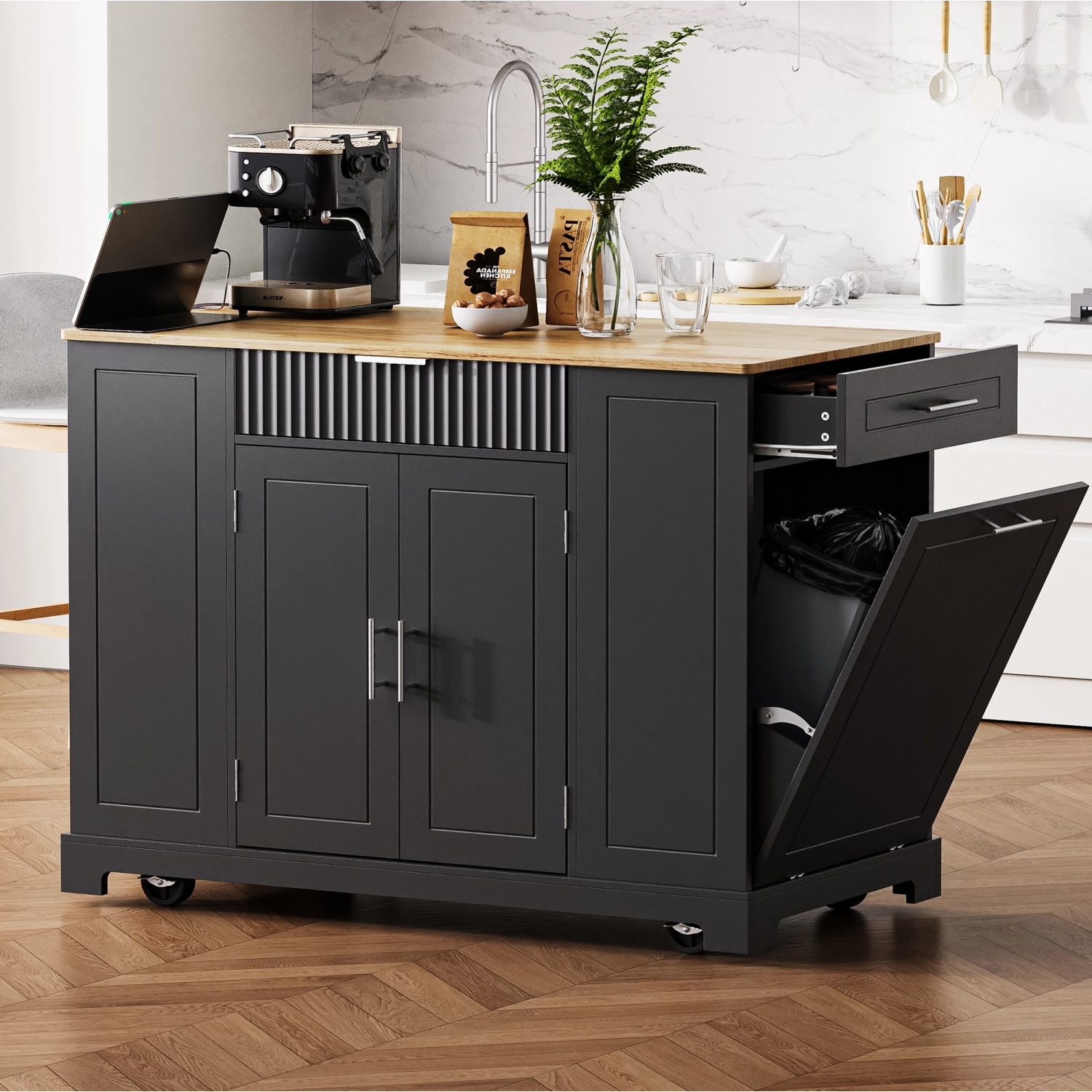 Streamdale Fluted Kitchen Island Cart: Trash Storage, Power, Drawers