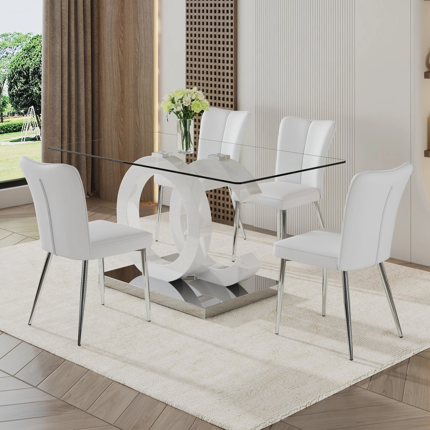 Streamdale Glass Dining Set 63"x35" Table with 4 Stripe Chairs