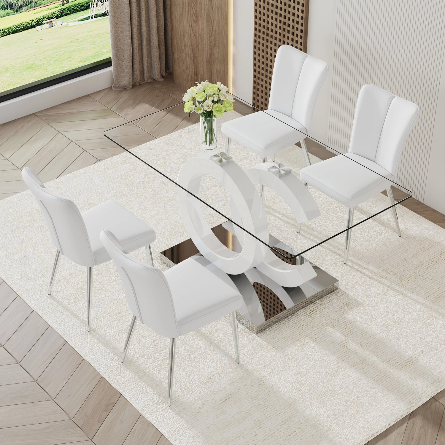 Streamdale Glass Dining Set 63"x35" Table with 4 Stripe Chairs
