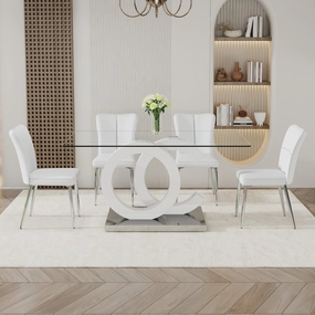 Streamdale Glass Dining Set 63"x35" Table with 4 Stripe Chairs