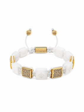 Women's White Ceramic Flatbead Bracelet with Gold CZ