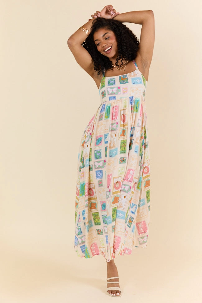 World Traveler Stamp Print Midi Dress