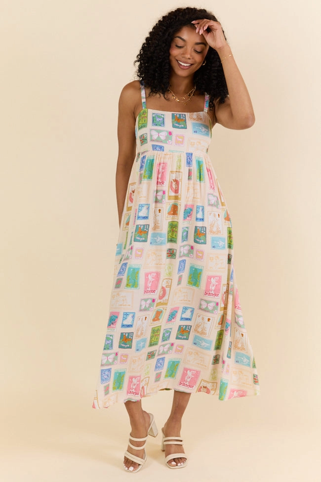 World Traveler Stamp Print Midi Dress