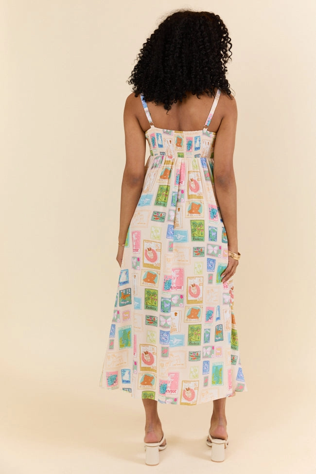 World Traveler Stamp Print Midi Dress