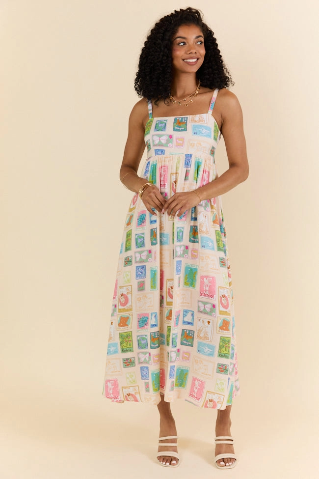 World Traveler Stamp Print Midi Dress